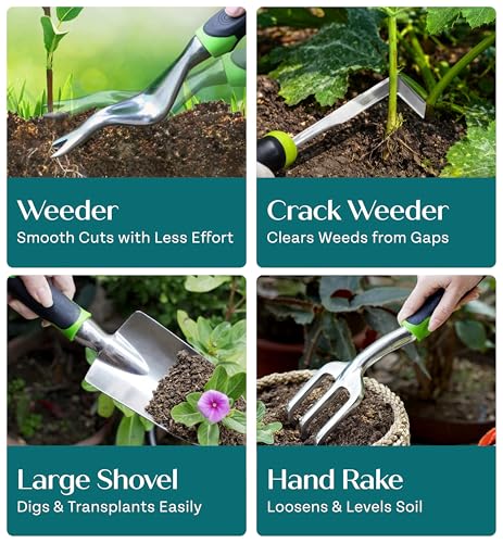 Heavy Duty Gardening Tools - Gardening Gifts for Women, Men, Mom, Dad - Durable, Ergonomic Garden Tools Set (Green)