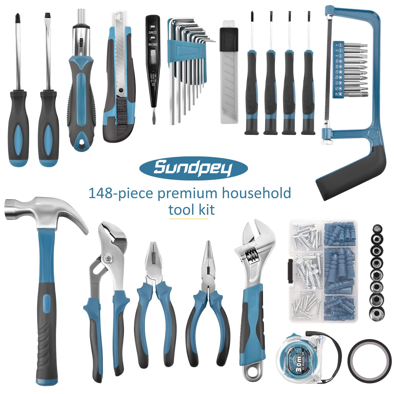 Sundpey 148 Pcs Portable Basic Hand Repair Home Tool Kit Set with Case Blue