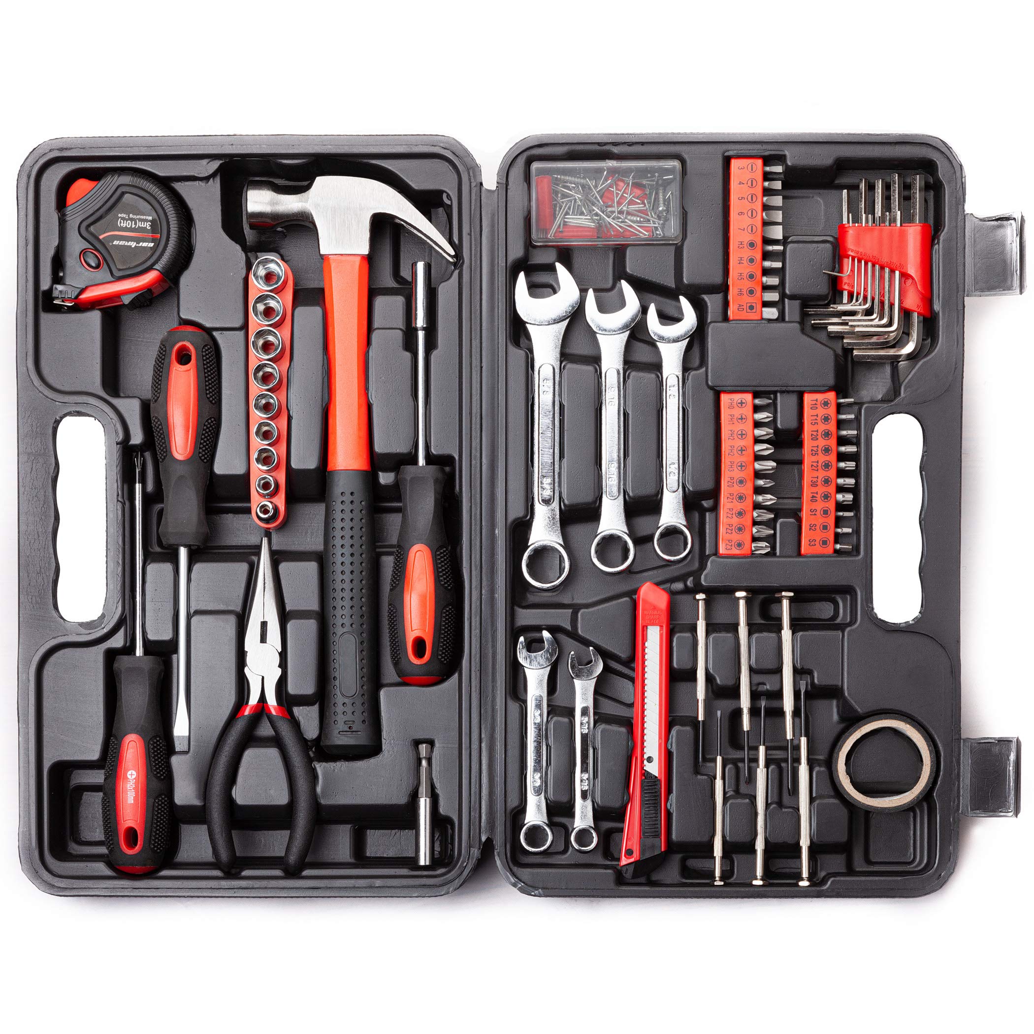 CARTMAN 148-Piece Household Tool Set, Red Tool Kit with Plastic Toolbox