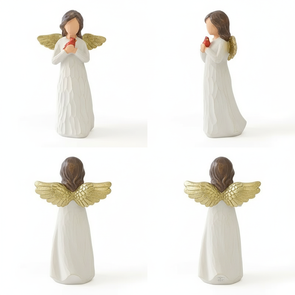 Gold Wing Guardian Angel Statue with Cardinal Bird