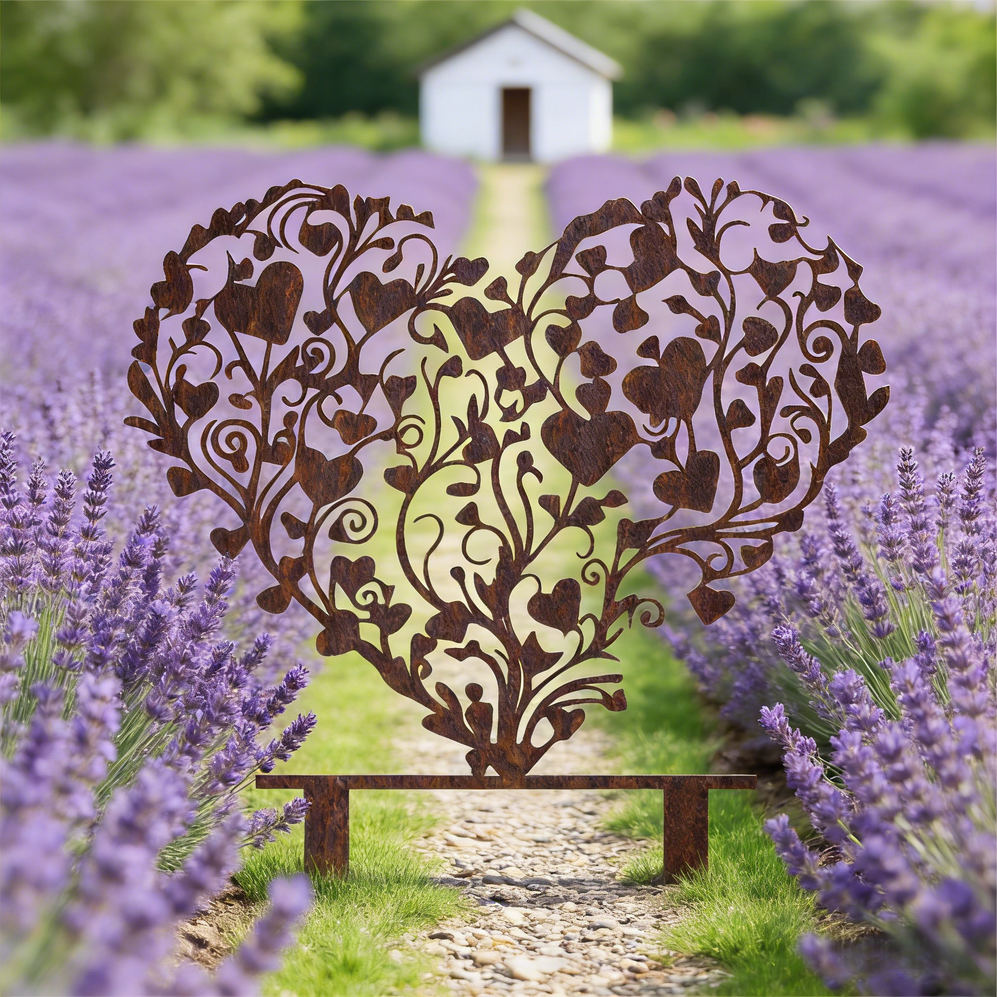 Rust-covered Elegant Heart-Shaped Metal Garden Stake Sculpture