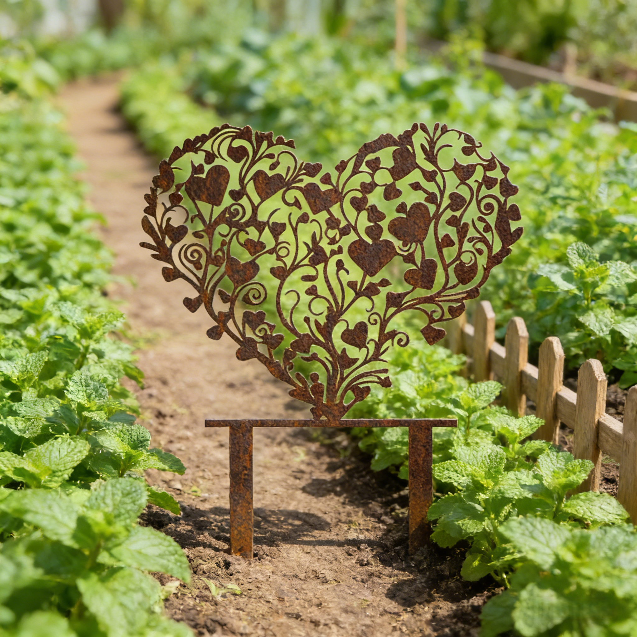 Rust-covered Elegant Heart-Shaped Metal Garden Stake Sculpture