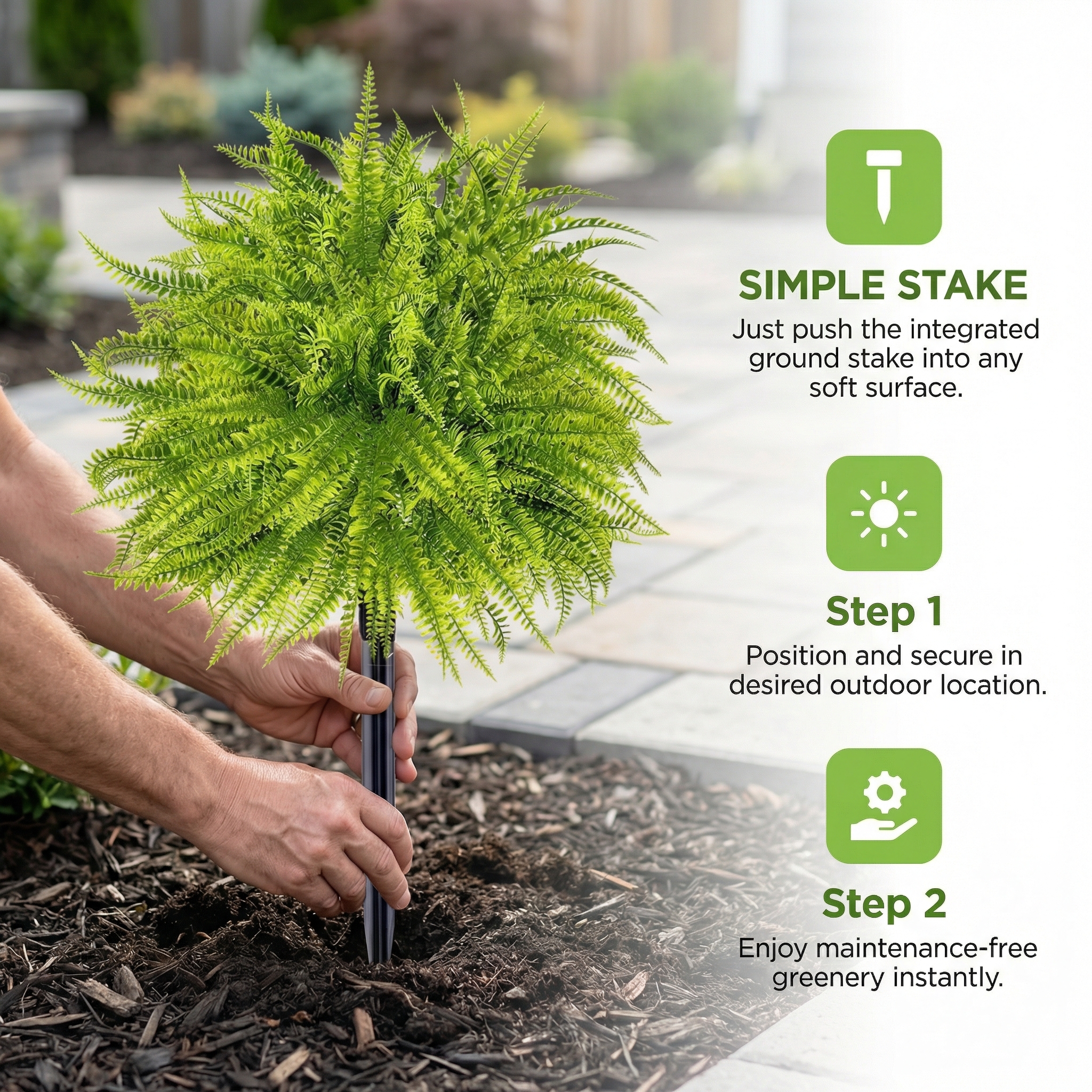UV Resistant Lush Artificial Boston Fern with Integrated Ground Stake