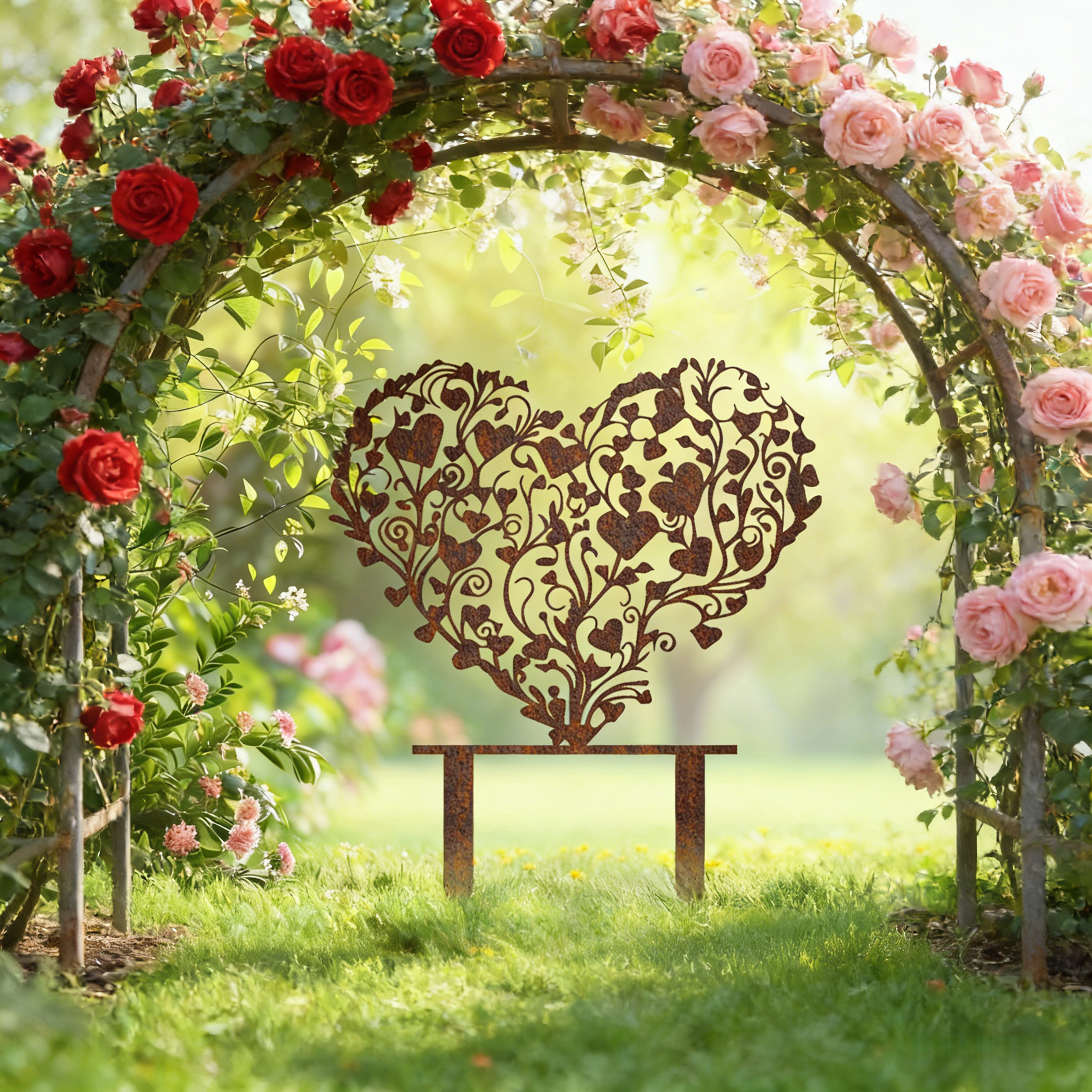Rust-covered Elegant Heart-Shaped Metal Garden Stake Sculpture
