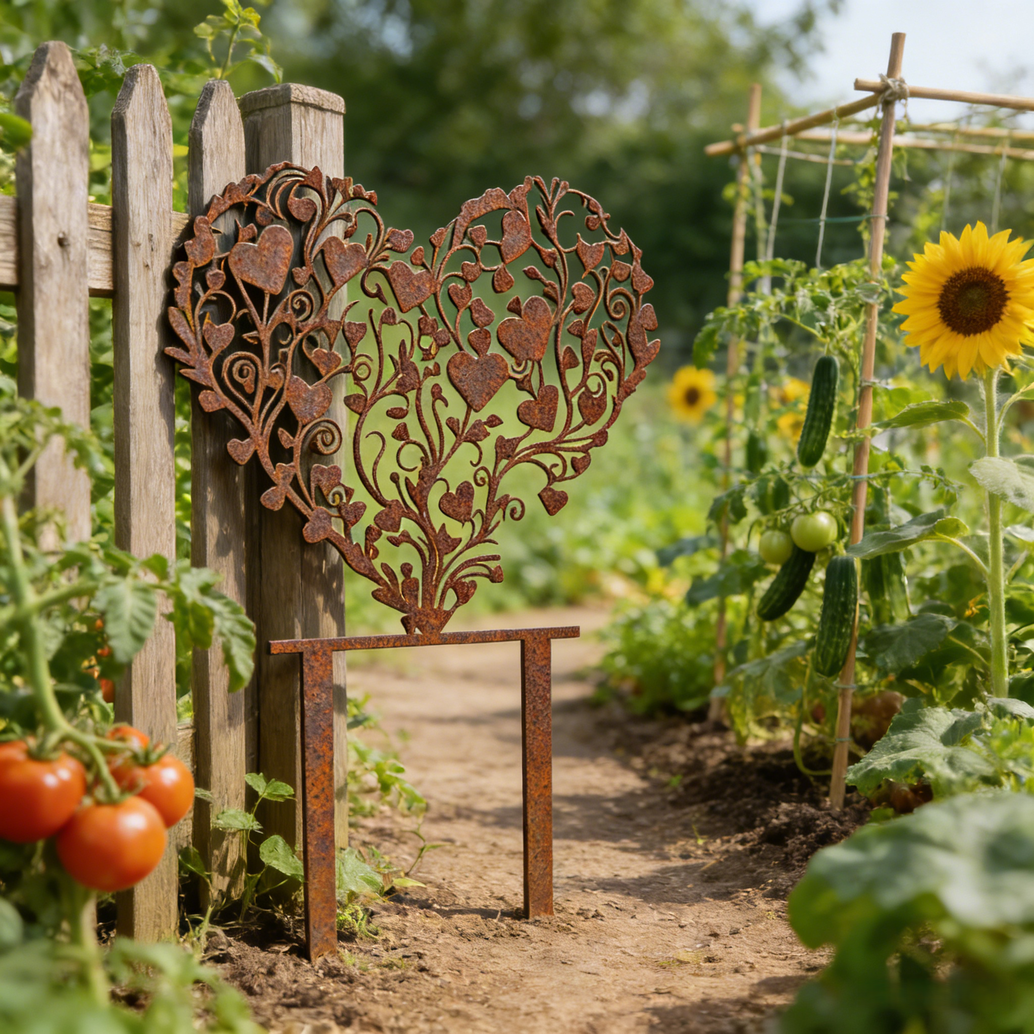 Rust-covered Elegant Heart-Shaped Metal Garden Stake Sculpture