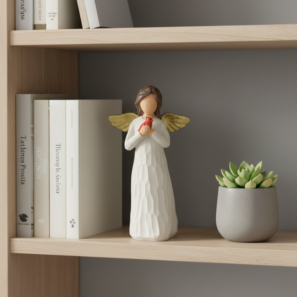 Gold Wing Guardian Angel Statue with Cardinal Bird