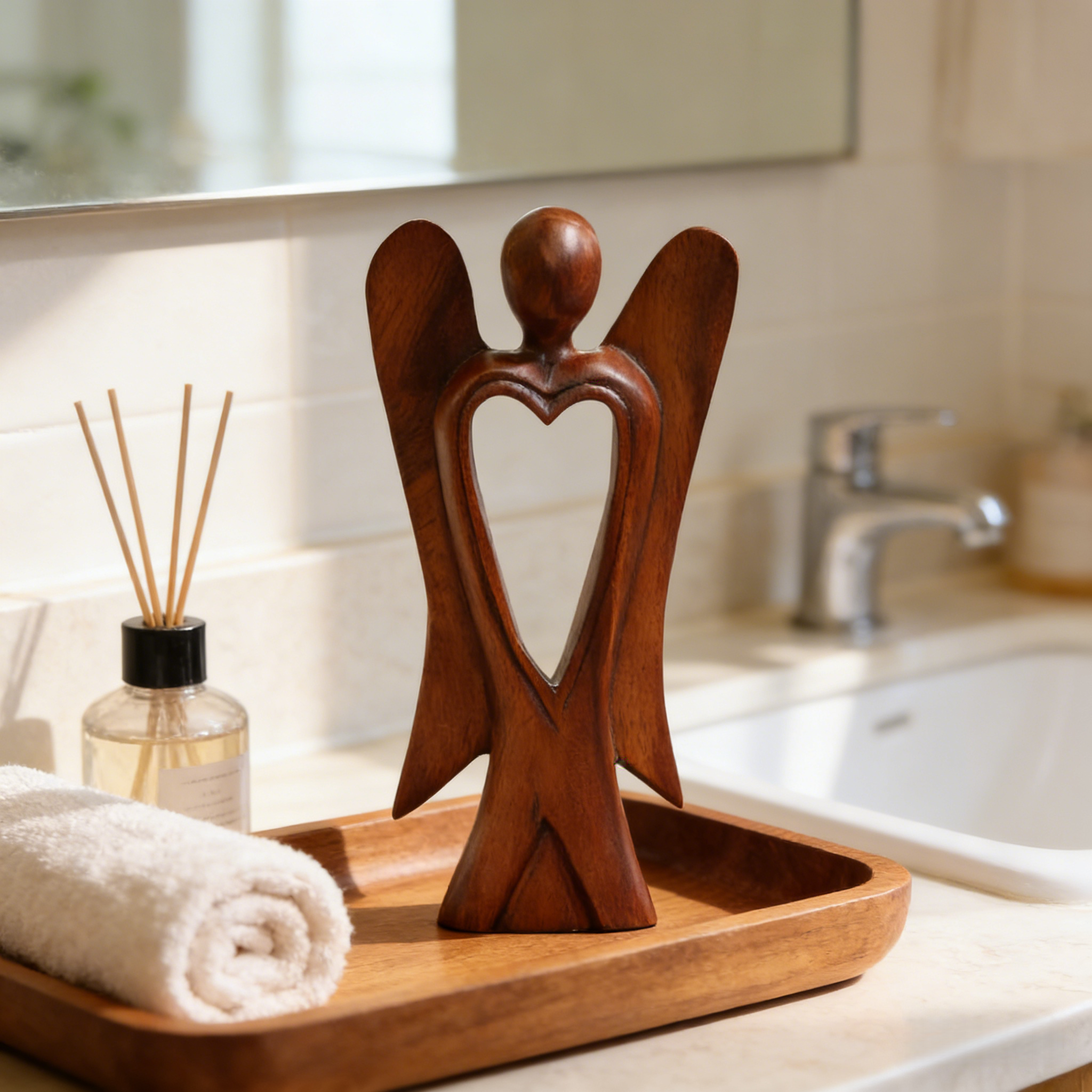 Handmade Wood Figurine of Angel with Heart Feature