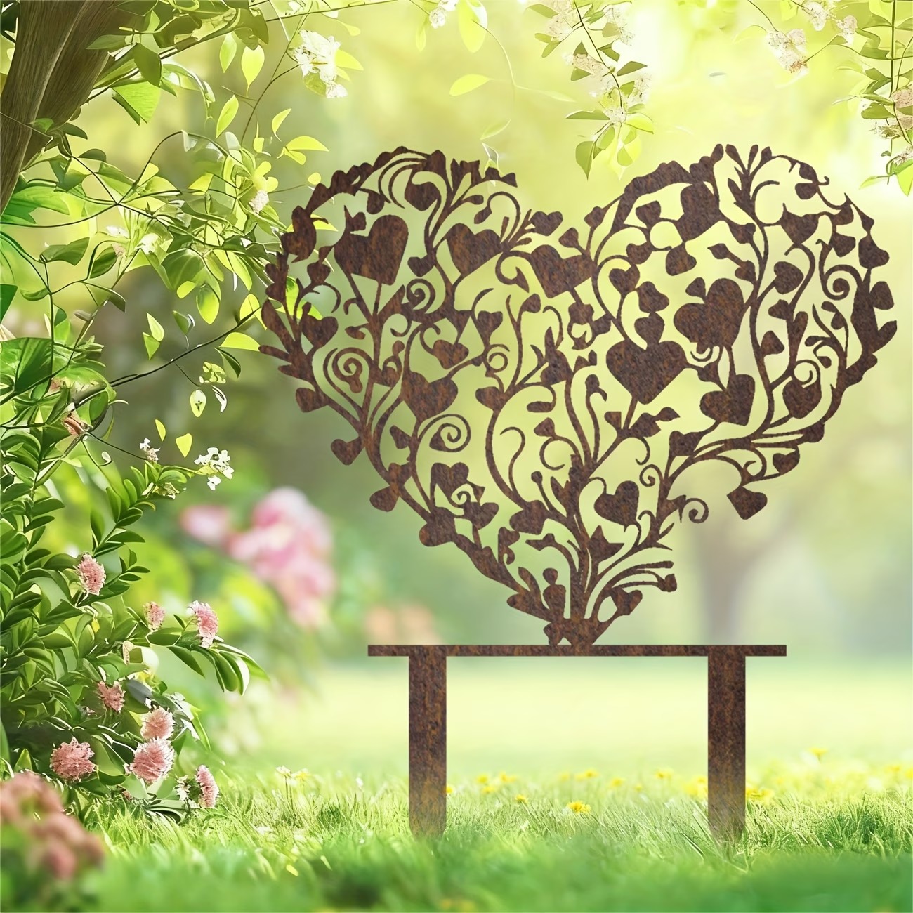 Rust-covered Elegant Heart-Shaped Metal Garden Stake Sculpture