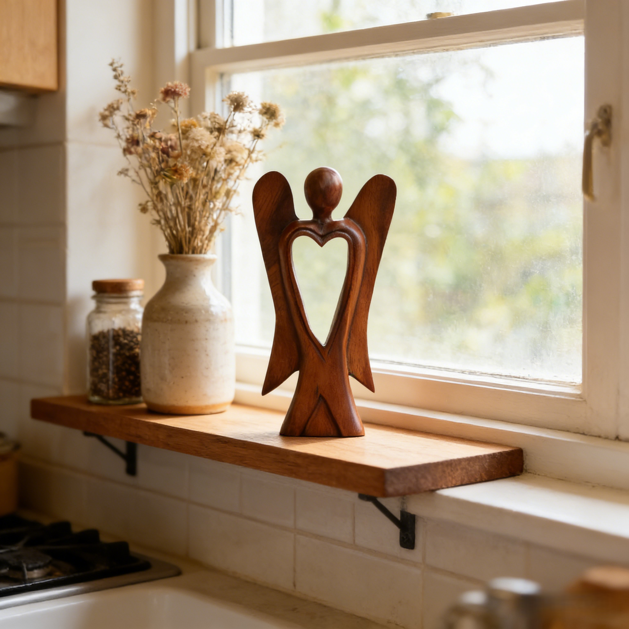 Handmade Wood Figurine of Angel with Heart Feature