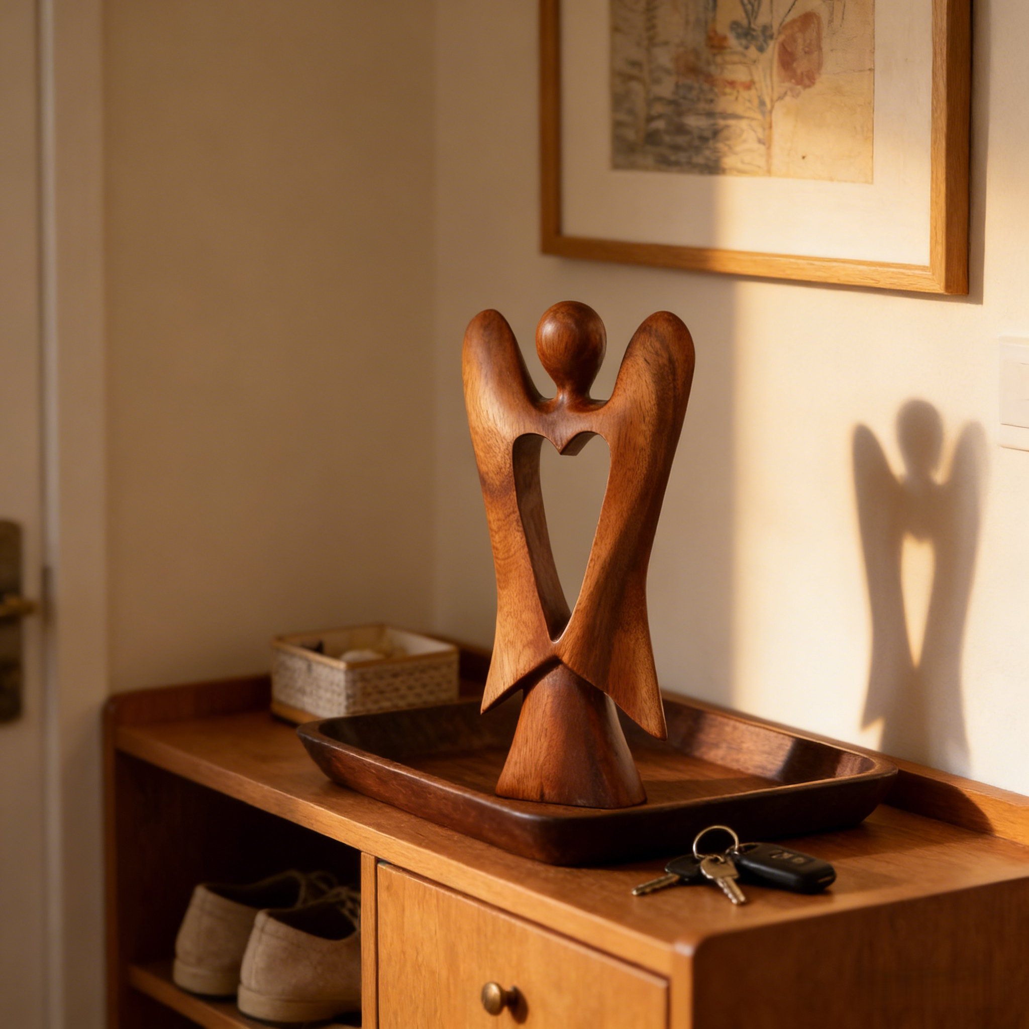 Handmade Wood Figurine of Angel with Heart Feature