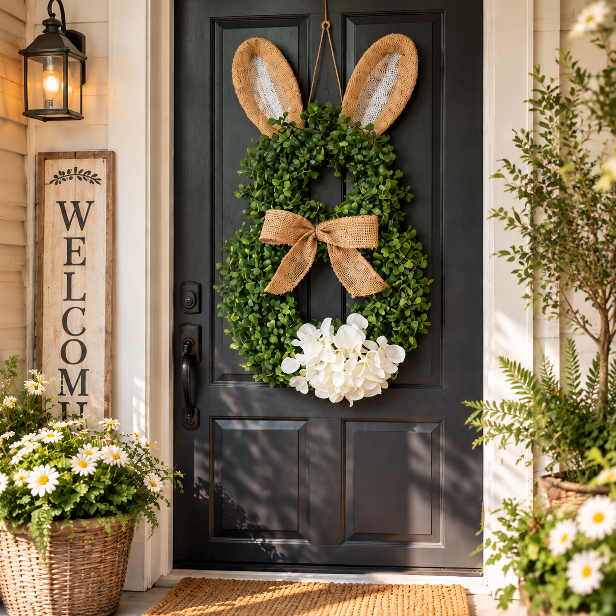 MANTALYN Rustic Bunny Wreath for Front Door, Spring Farmhouse Rabbit Wreath with Burlap Bow and Greenery for Easter Home Decor