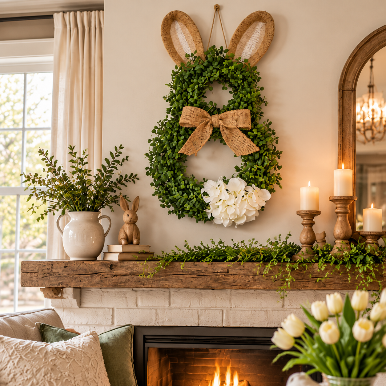 MANTALYN Rustic Bunny Wreath for Front Door, Spring Farmhouse Rabbit Wreath with Burlap Bow and Greenery for Easter Home Decor