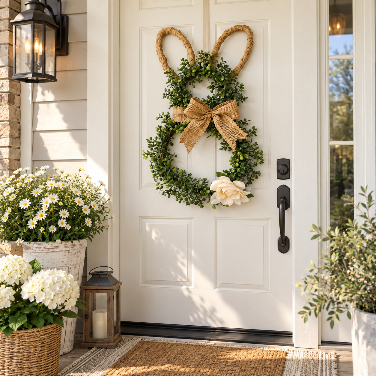 MANTALYN Rustic Bunny Wreath for Front Door, Spring Farmhouse Rabbit Wreath with Burlap Bow and Greenery for Easter Home Decor