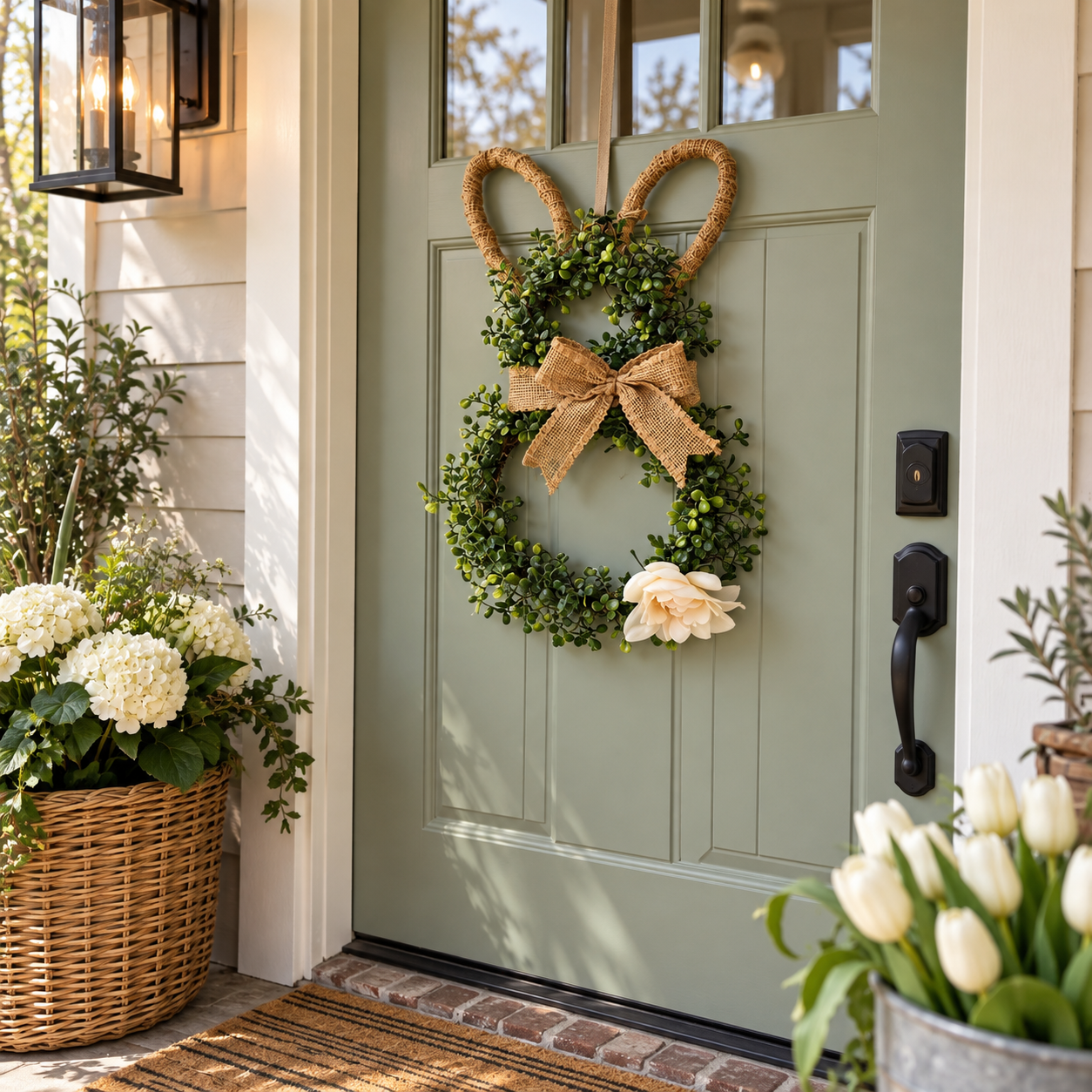 MANTALYN Rustic Bunny Wreath for Front Door, Spring Farmhouse Rabbit Wreath with Burlap Bow and Greenery for Easter Home Decor