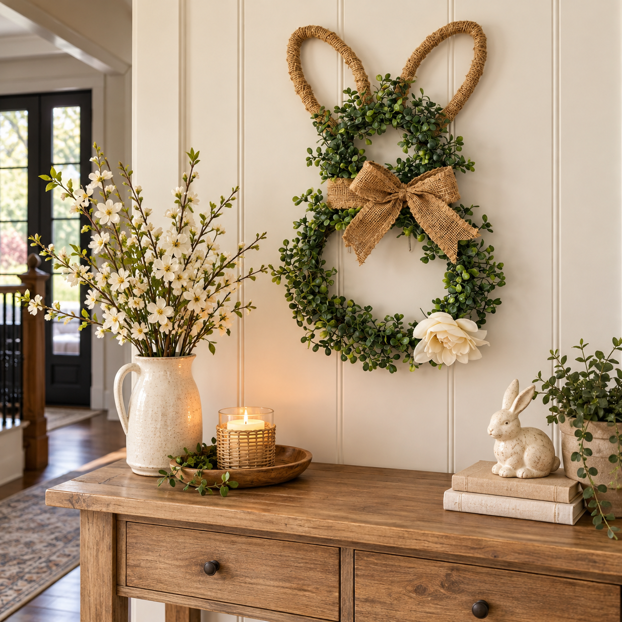 MANTALYN Rustic Bunny Wreath for Front Door, Spring Farmhouse Rabbit Wreath with Burlap Bow and Greenery for Easter Home Decor