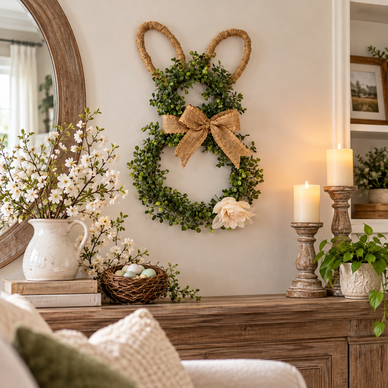 MANTALYN Rustic Bunny Wreath for Front Door, Spring Farmhouse Rabbit Wreath with Burlap Bow and Greenery for Easter Home Decor