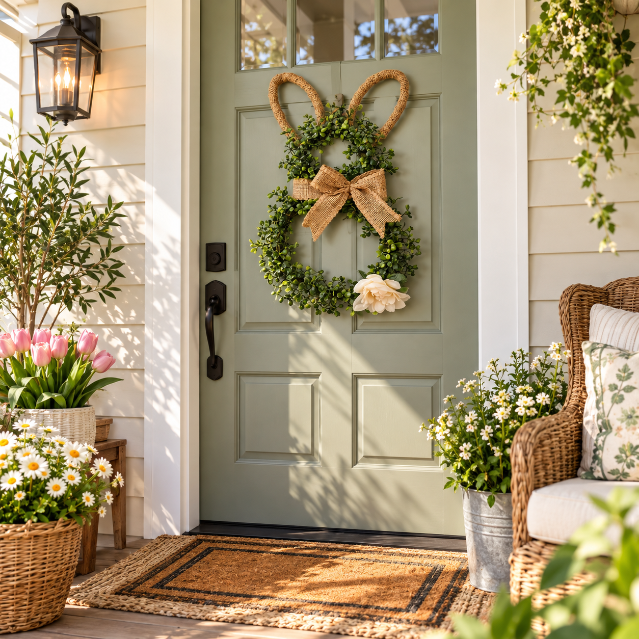 MANTALYN Rustic Bunny Wreath for Front Door, Spring Farmhouse Rabbit Wreath with Burlap Bow and Greenery for Easter Home Decor