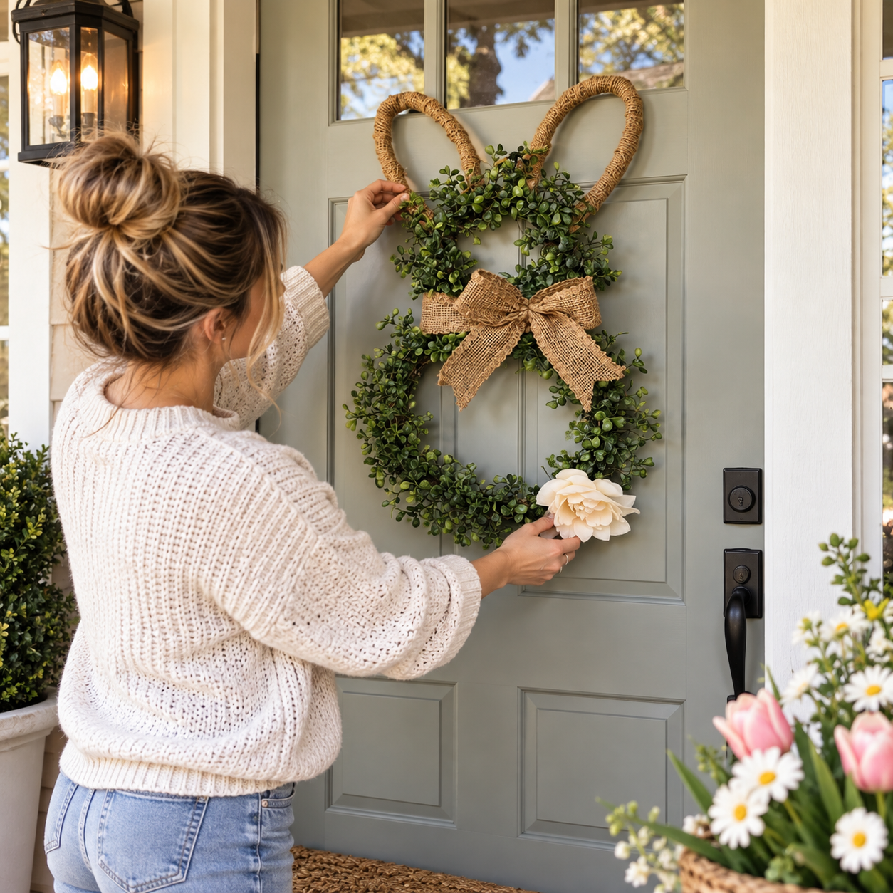 MANTALYN Rustic Bunny Wreath for Front Door, Spring Farmhouse Rabbit Wreath with Burlap Bow and Greenery for Easter Home Decor