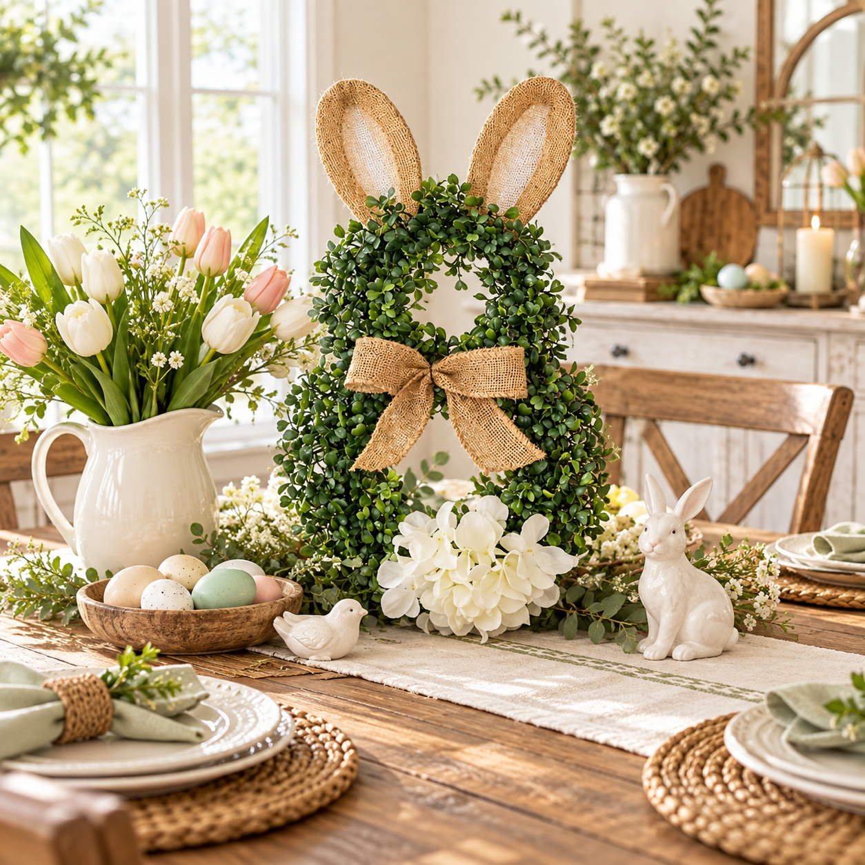 MANTALYN Rustic Bunny Wreath for Front Door, Spring Farmhouse Rabbit Wreath with Burlap Bow and Greenery for Easter Home Decor