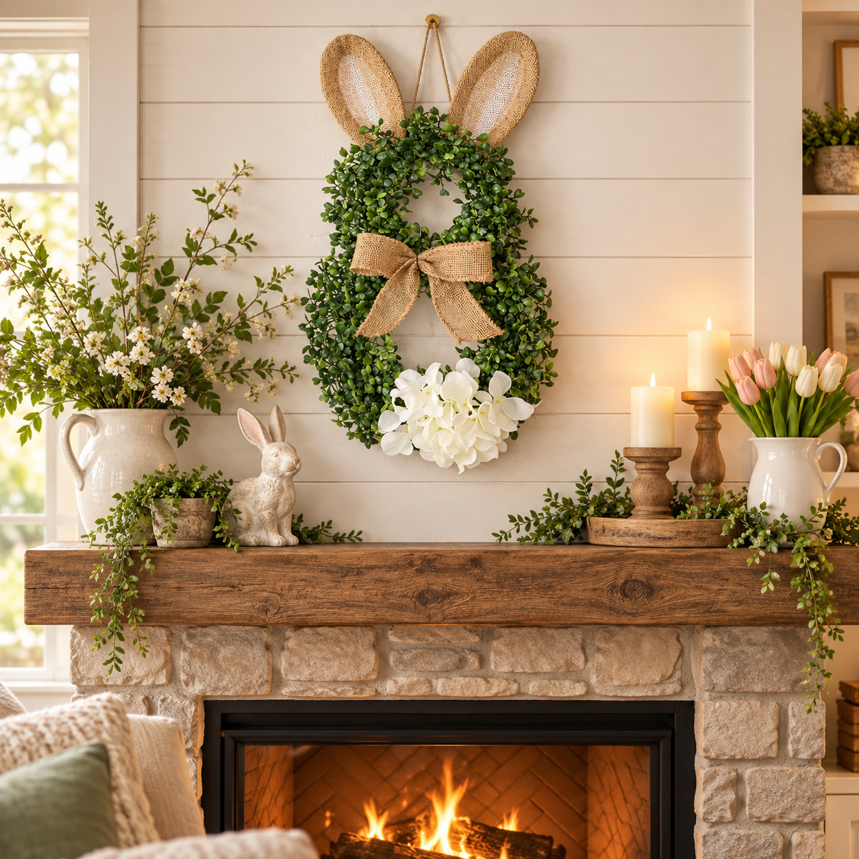 MANTALYN Rustic Bunny Wreath for Front Door, Spring Farmhouse Rabbit Wreath with Burlap Bow and Greenery for Easter Home Decor