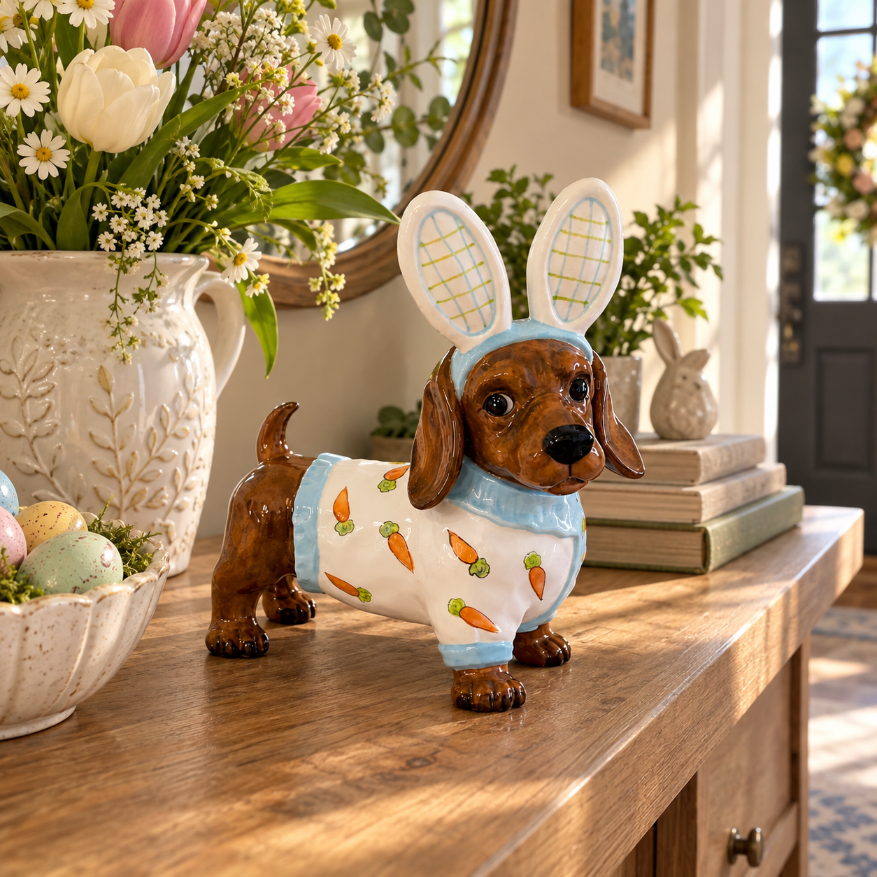 MANTALYN Cute Bunny Dog Figurine, Hand-Painted Ceramic Dachshund Easter Decor with Rabbit Ears for Spring Home Decoration
