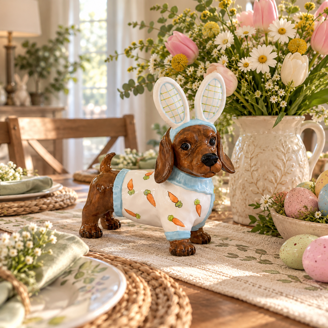 MANTALYN Cute Bunny Dog Figurine, Hand-Painted Ceramic Dachshund Easter Decor with Rabbit Ears for Spring Home Decoration