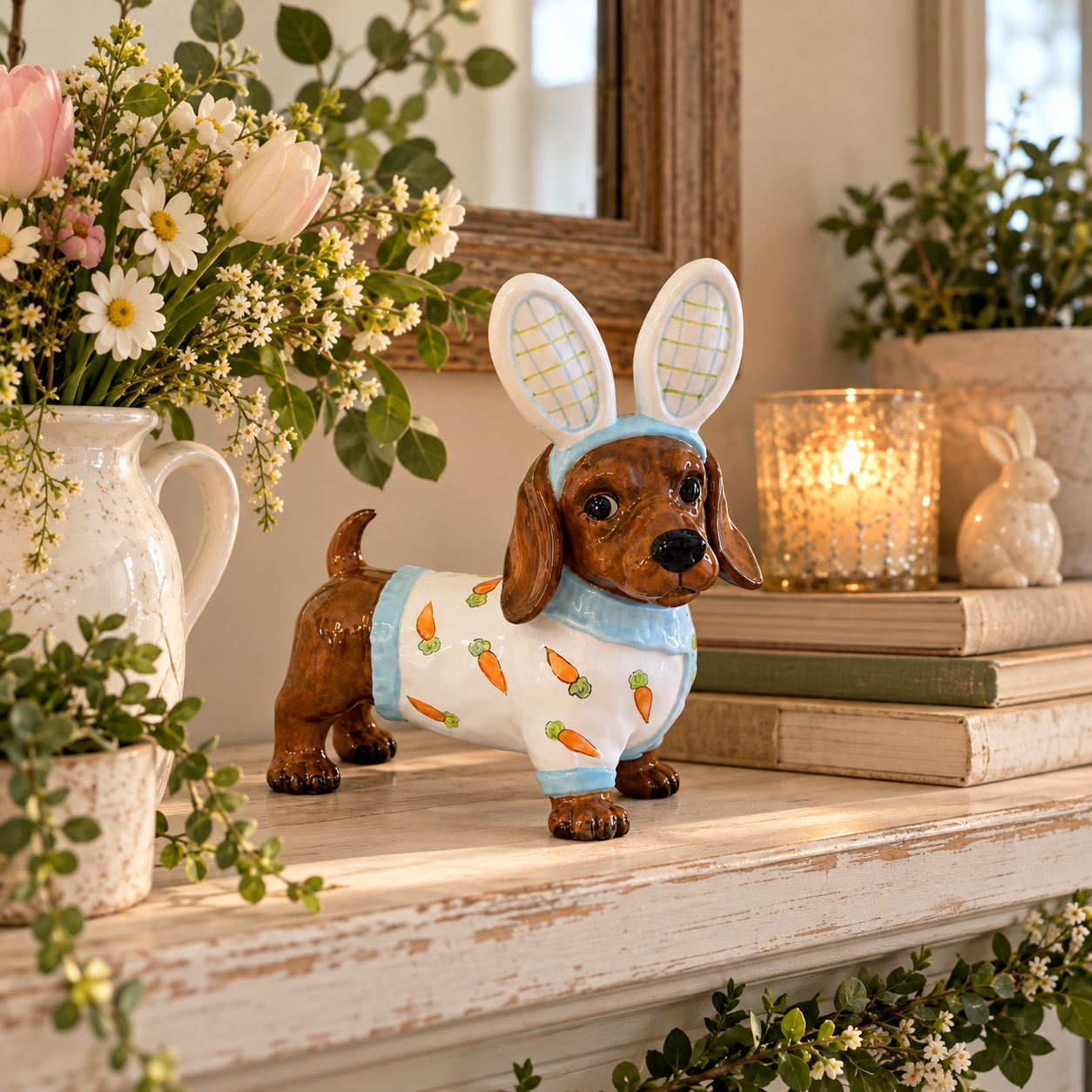 MANTALYN Cute Bunny Dog Figurine, Hand-Painted Ceramic Dachshund Easter Decor with Rabbit Ears for Spring Home Decoration