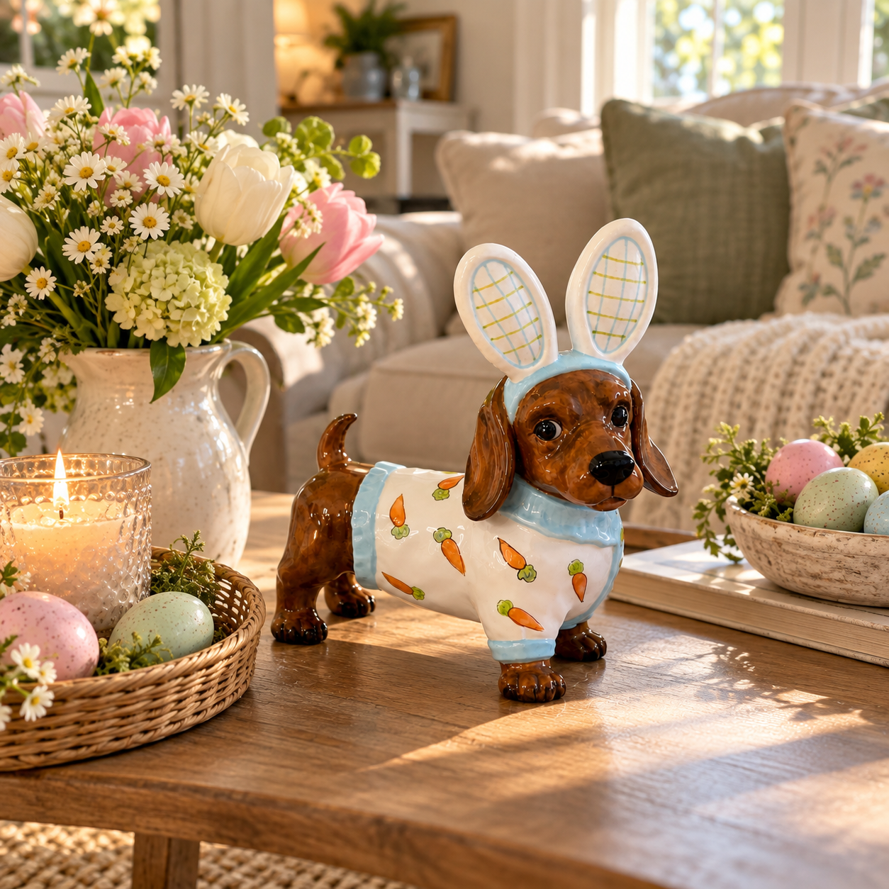 MANTALYN Cute Bunny Dog Figurine, Hand-Painted Ceramic Dachshund Easter Decor with Rabbit Ears for Spring Home Decoration