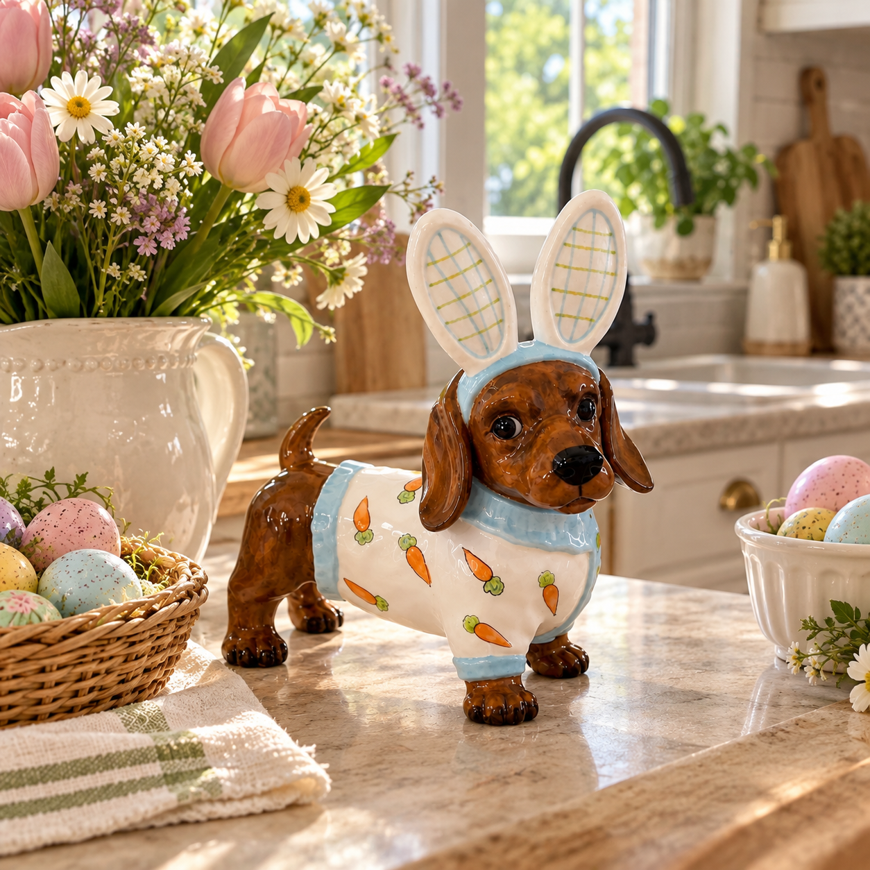 MANTALYN Cute Bunny Dog Figurine, Hand-Painted Ceramic Dachshund Easter Decor with Rabbit Ears for Spring Home Decoration