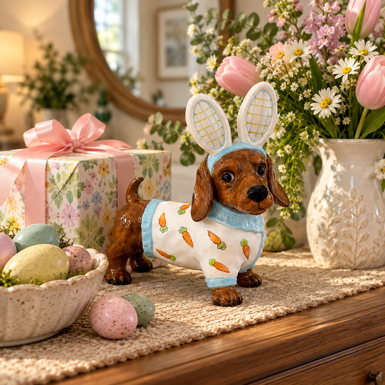 MANTALYN Cute Bunny Dog Figurine, Hand-Painted Ceramic Dachshund Easter Decor with Rabbit Ears for Spring Home Decoration