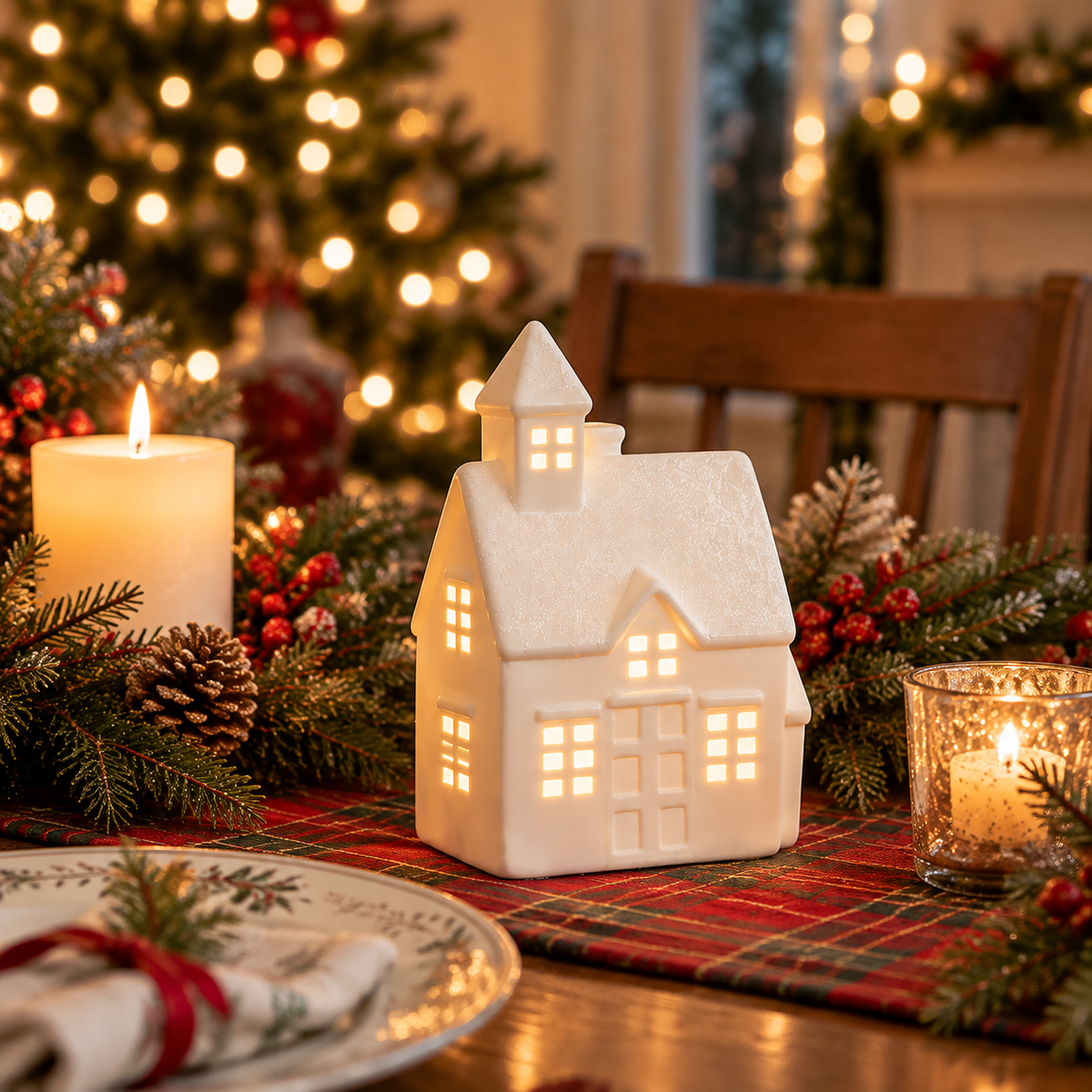 MANTALYN Ceramic Christmas House Light, White Christmas Village Cottage Decor with Warm Glow for Tabletop, Mantel and Holiday Home Decoration