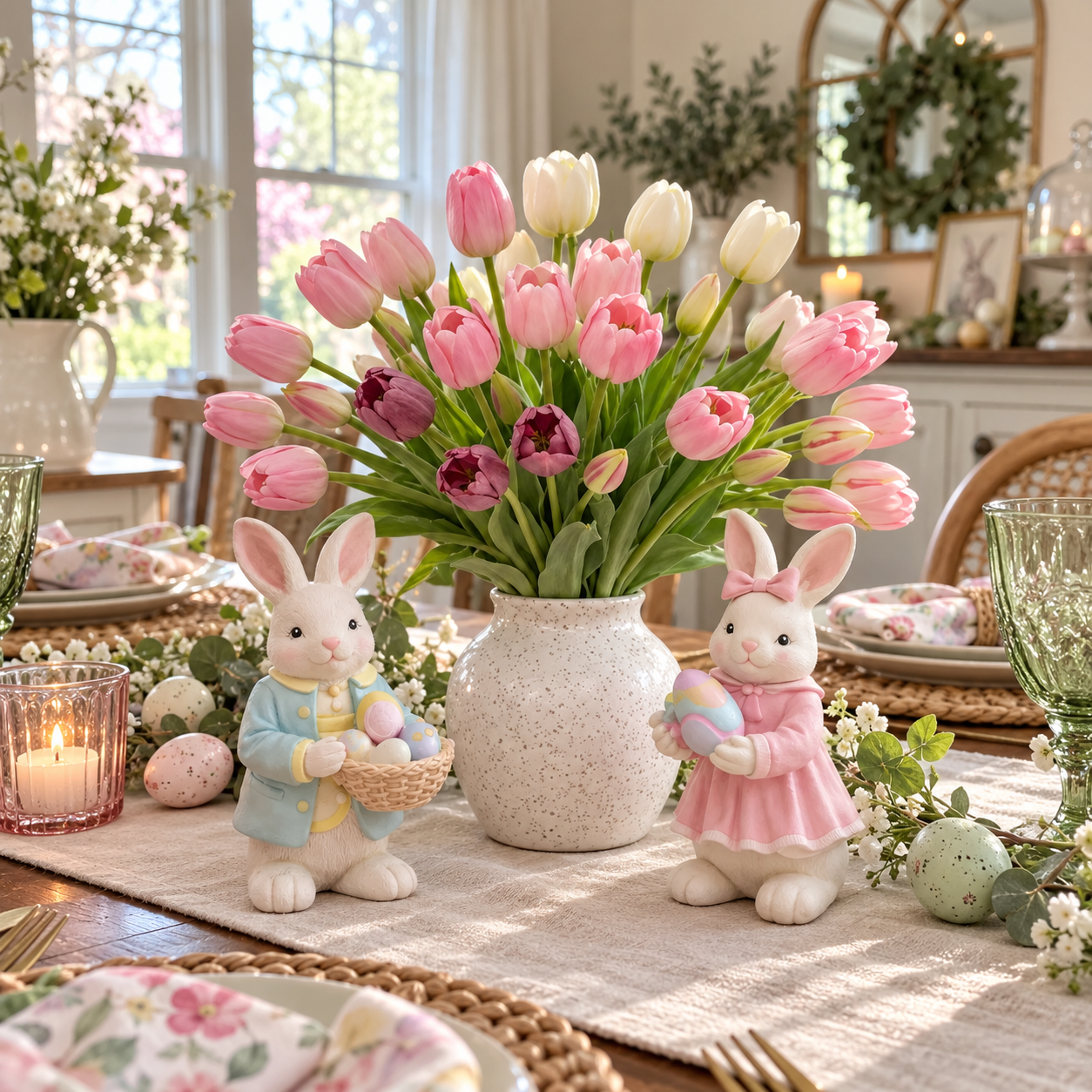 Easter Bunny Figurine Decoration with Tulip Flower Centerpiece – Spring Tabletop Decor for Easter Home, Farmhouse Kitchen, Dining Table, Shelf, and Seasonal Display