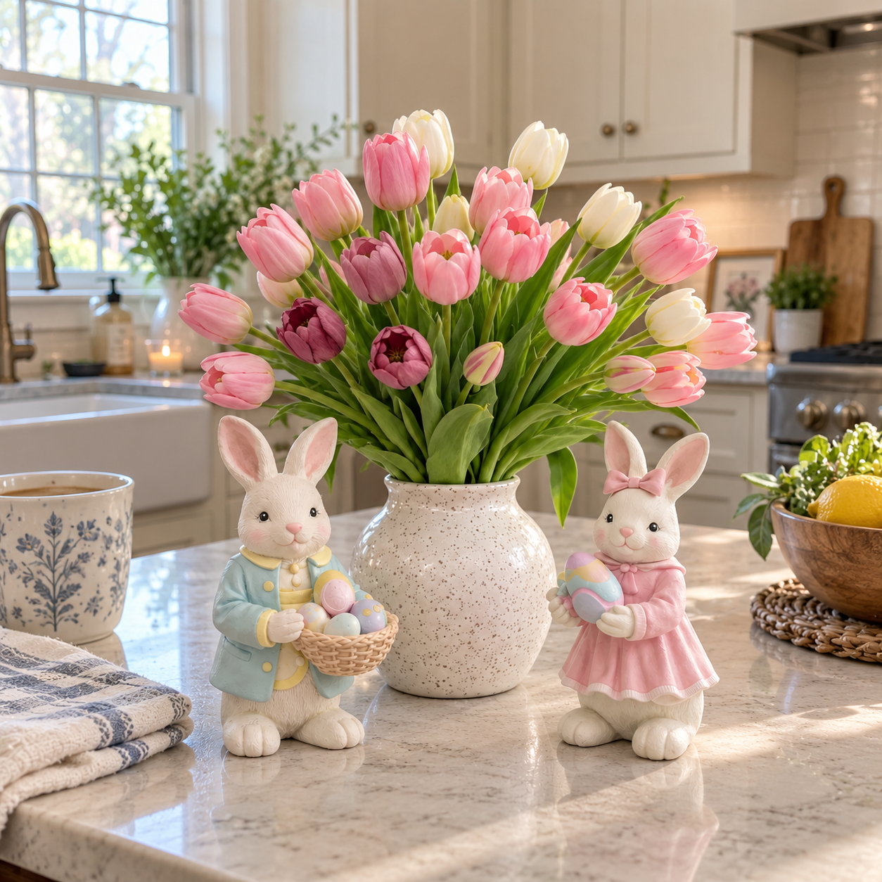 Easter Bunny Figurine Decoration with Tulip Flower Centerpiece – Spring Tabletop Decor for Easter Home, Farmhouse Kitchen, Dining Table, Shelf, and Seasonal Display