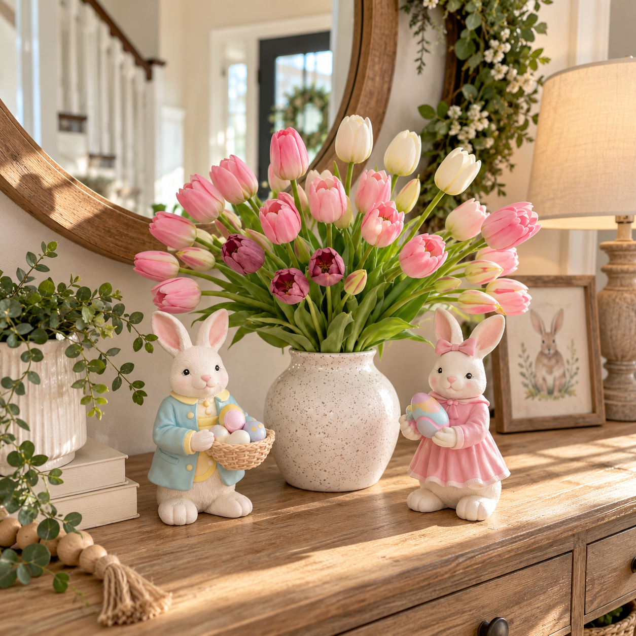 Easter Bunny Figurine Decoration with Tulip Flower Centerpiece – Spring Tabletop Decor for Easter Home, Farmhouse Kitchen, Dining Table, Shelf, and Seasonal Display