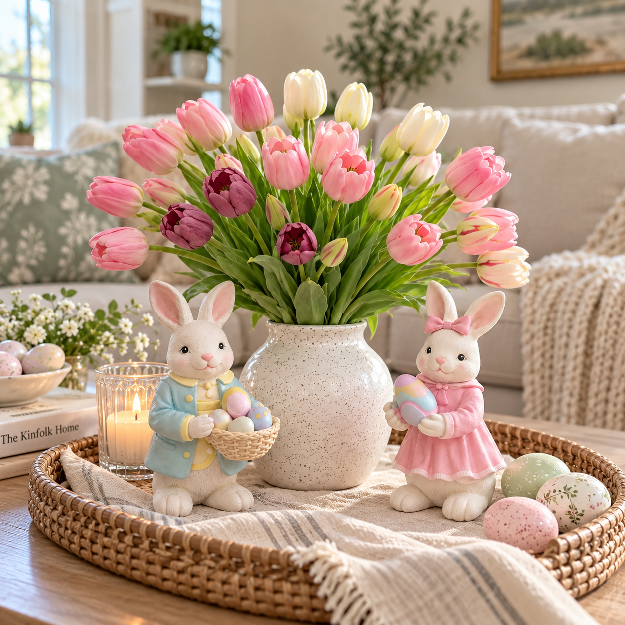 Easter Bunny Figurine Decoration with Tulip Flower Centerpiece – Spring Tabletop Decor for Easter Home, Farmhouse Kitchen, Dining Table, Shelf, and Seasonal Display