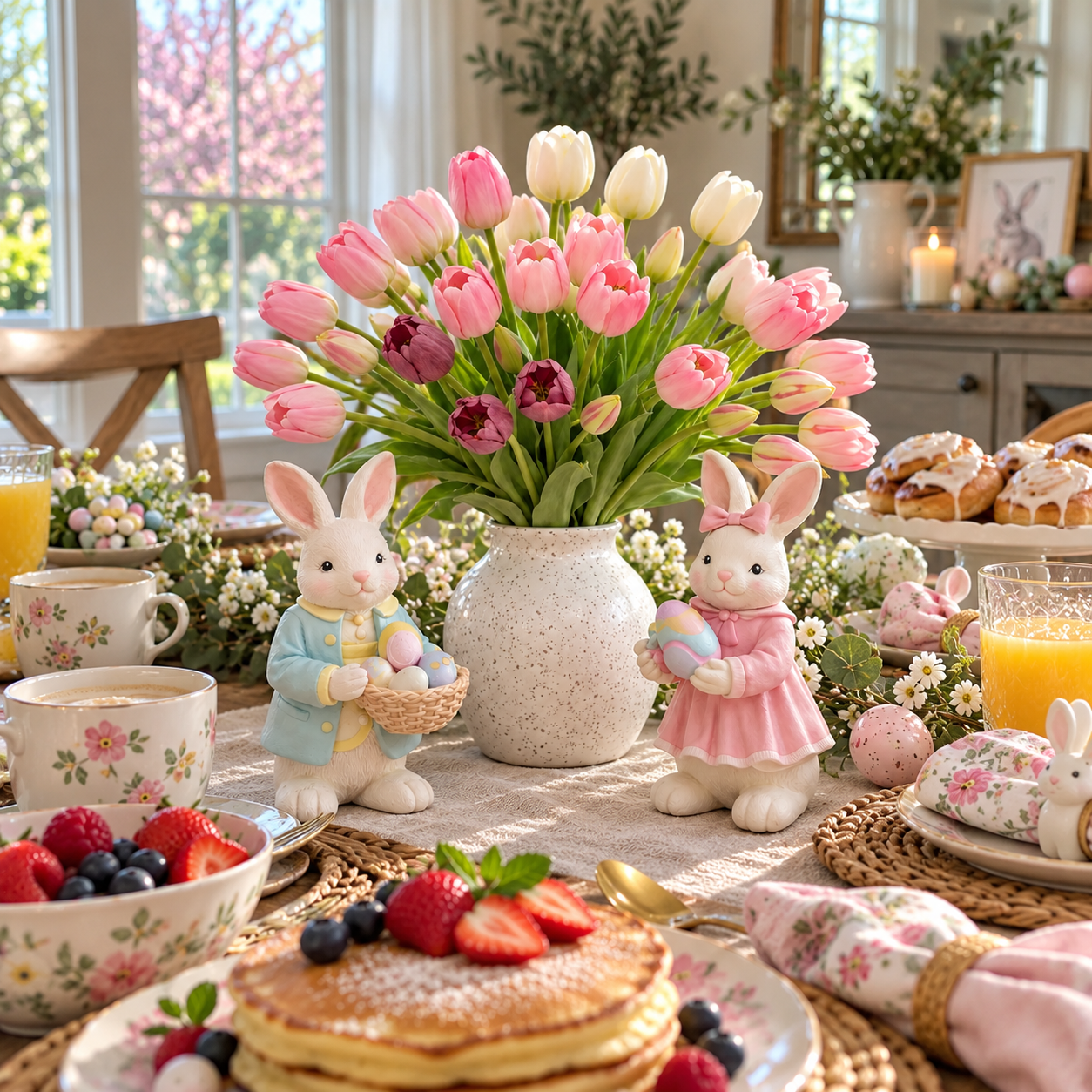 Easter Bunny Figurine Decoration with Tulip Flower Centerpiece – Spring Tabletop Decor for Easter Home, Farmhouse Kitchen, Dining Table, Shelf, and Seasonal Display