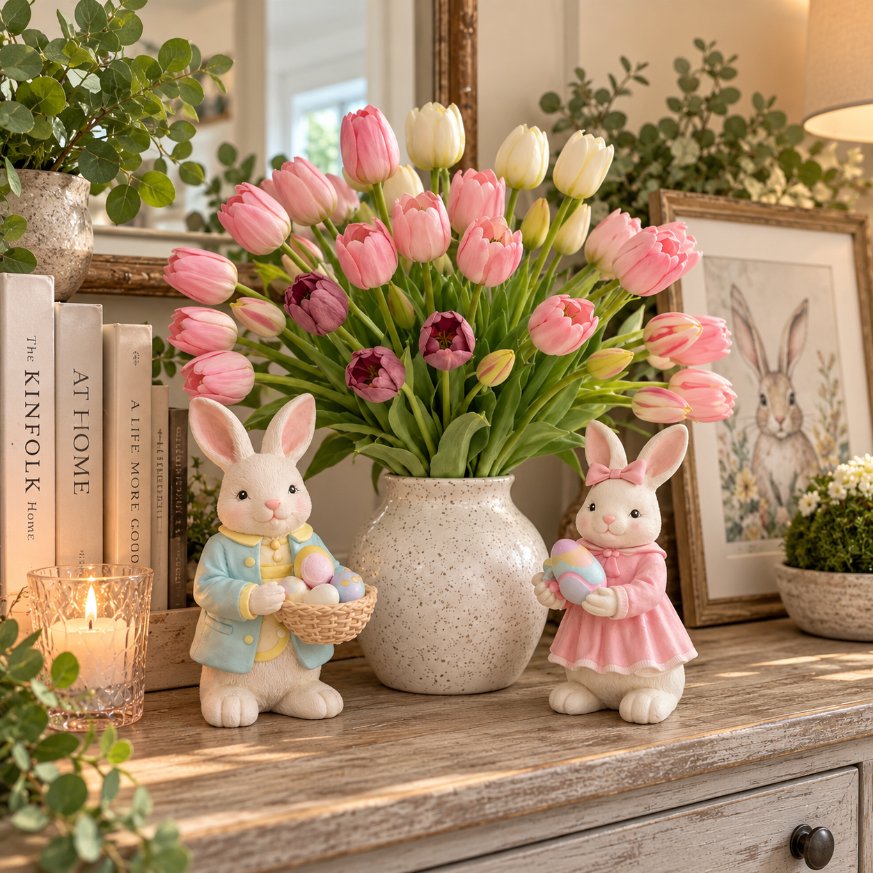 Easter Bunny Figurine Decoration with Tulip Flower Centerpiece – Spring Tabletop Decor for Easter Home, Farmhouse Kitchen, Dining Table, Shelf, and Seasonal Display