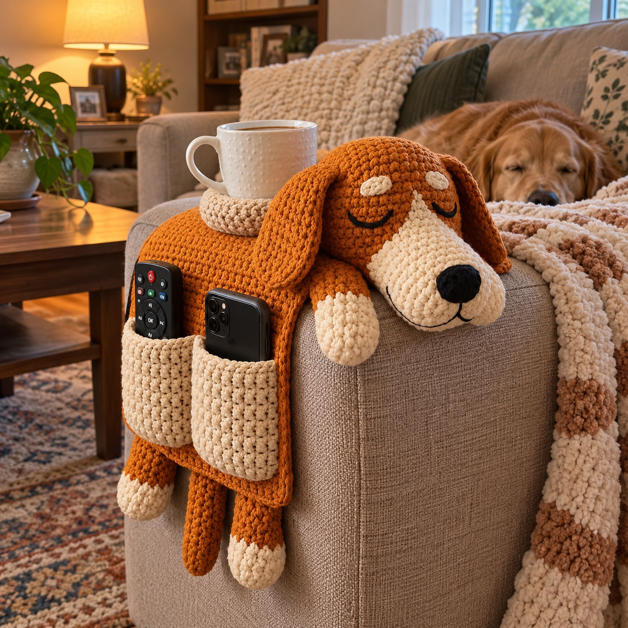 Crochet Dog Sofa Armrest Organizer – Handmade Puppy Design Couch Side Storage Holder for Remote, Phone, Glasses and Small Essentials, Cozy Living Room Home Decor