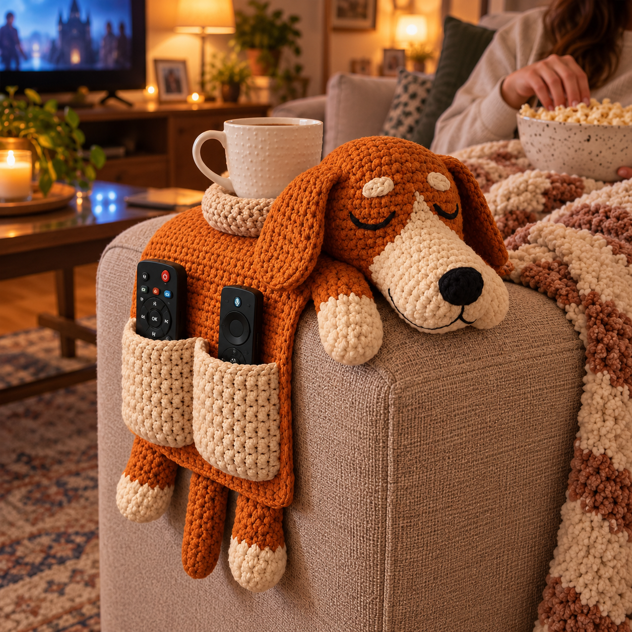 Crochet Dog Sofa Armrest Organizer – Handmade Puppy Design Couch Side Storage Holder for Remote, Phone, Glasses and Small Essentials, Cozy Living Room Home Decor