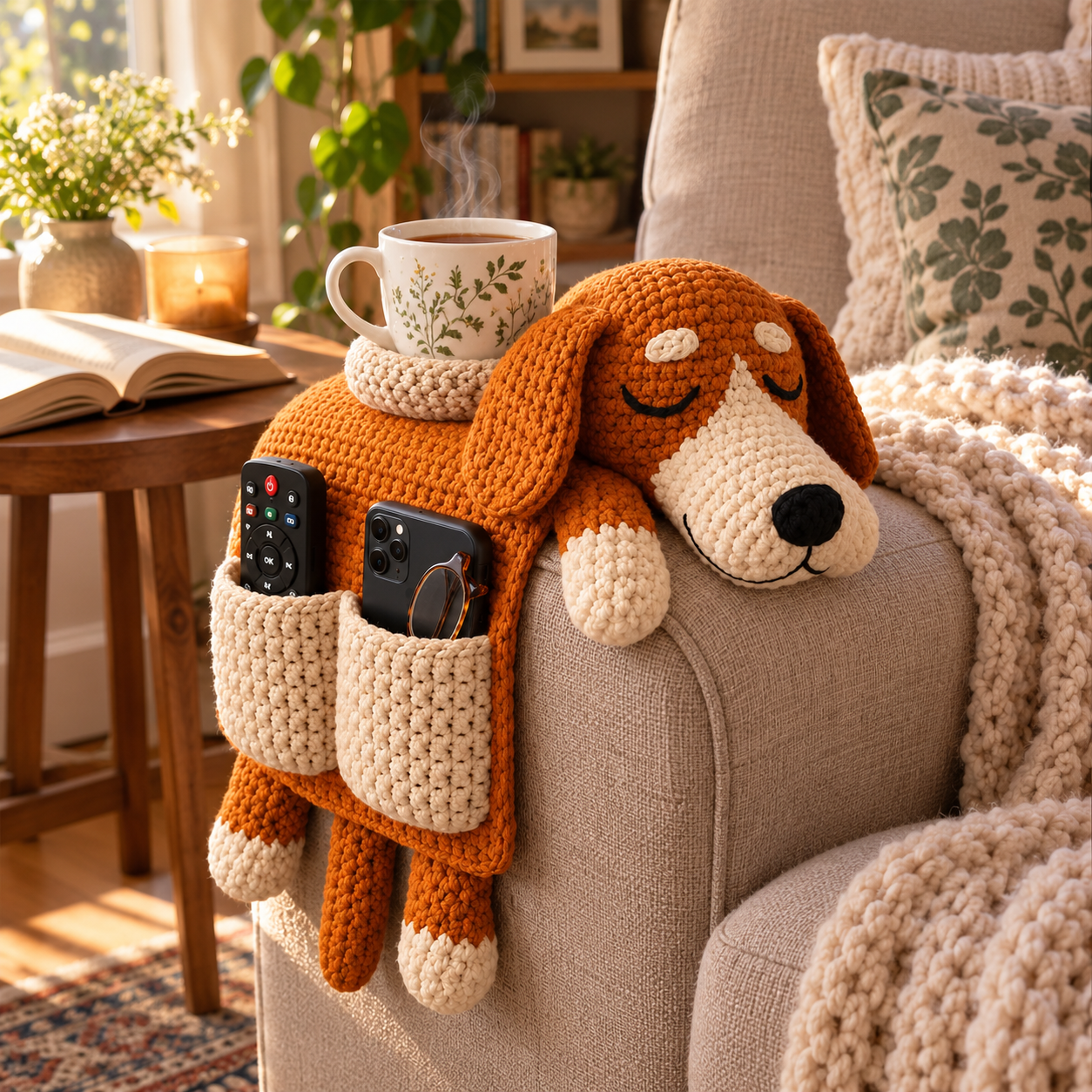 Crochet Dog Sofa Armrest Organizer – Handmade Puppy Design Couch Side Storage Holder for Remote, Phone, Glasses and Small Essentials, Cozy Living Room Home Decor