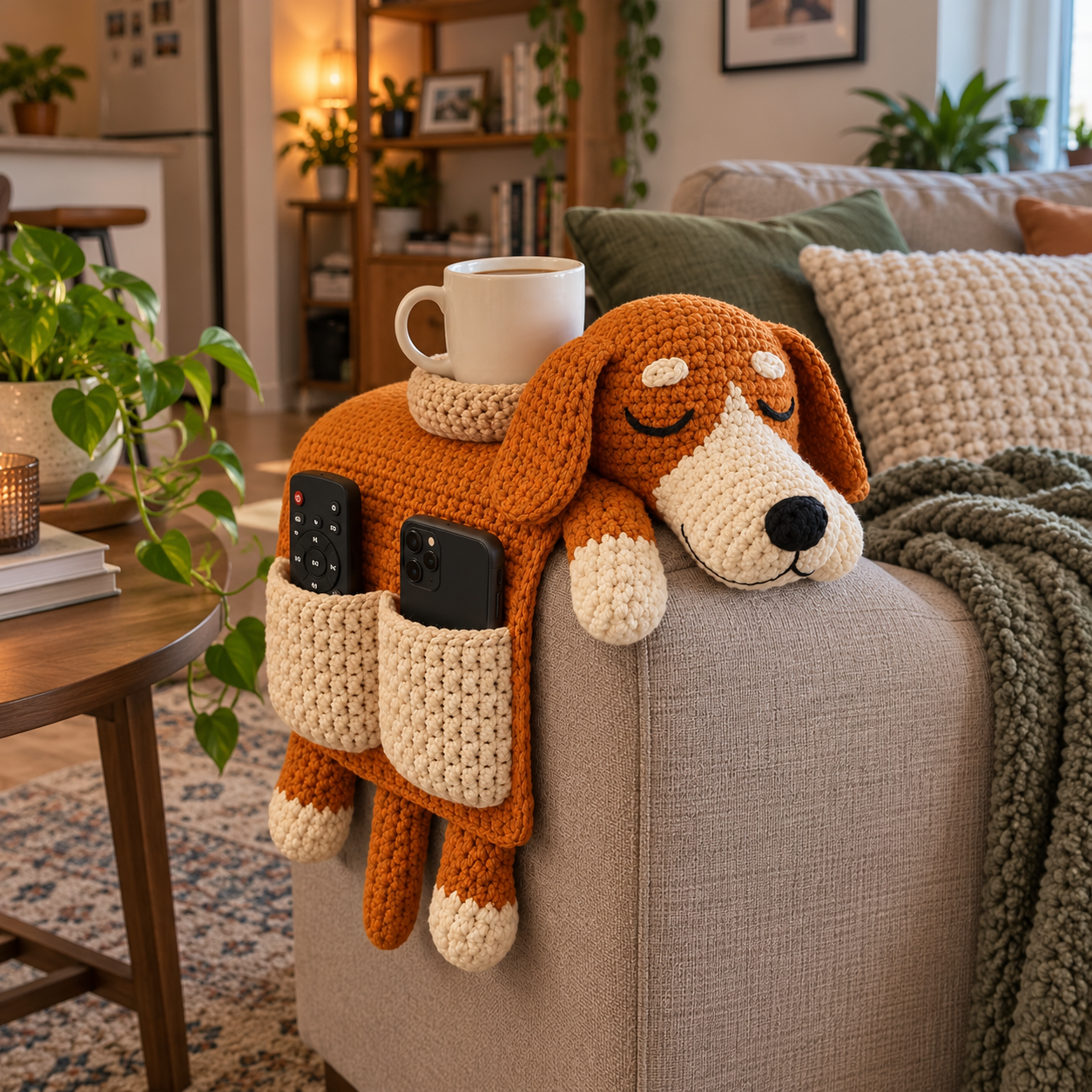 Crochet Dog Sofa Armrest Organizer – Handmade Puppy Design Couch Side Storage Holder for Remote, Phone, Glasses and Small Essentials, Cozy Living Room Home Decor