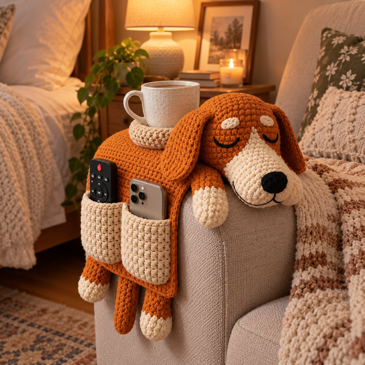 Crochet Dog Sofa Armrest Organizer – Handmade Puppy Design Couch Side Storage Holder for Remote, Phone, Glasses and Small Essentials, Cozy Living Room Home Decor