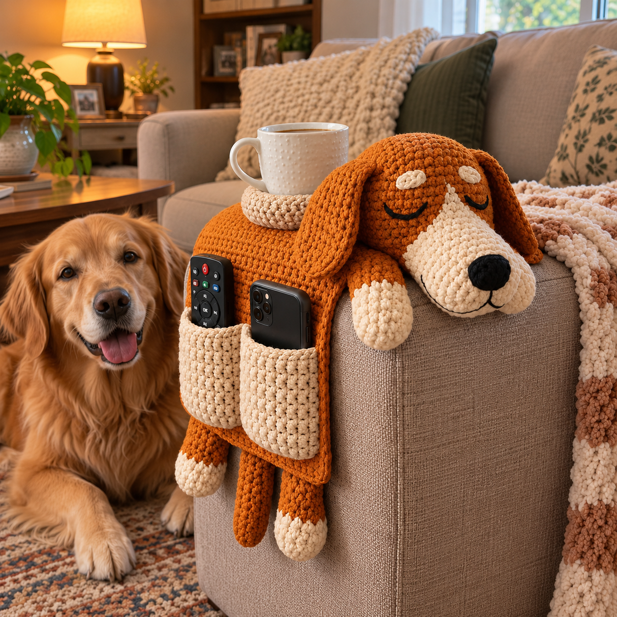 Crochet Dog Sofa Armrest Organizer – Handmade Puppy Design Couch Side Storage Holder for Remote, Phone, Glasses and Small Essentials, Cozy Living Room Home Decor