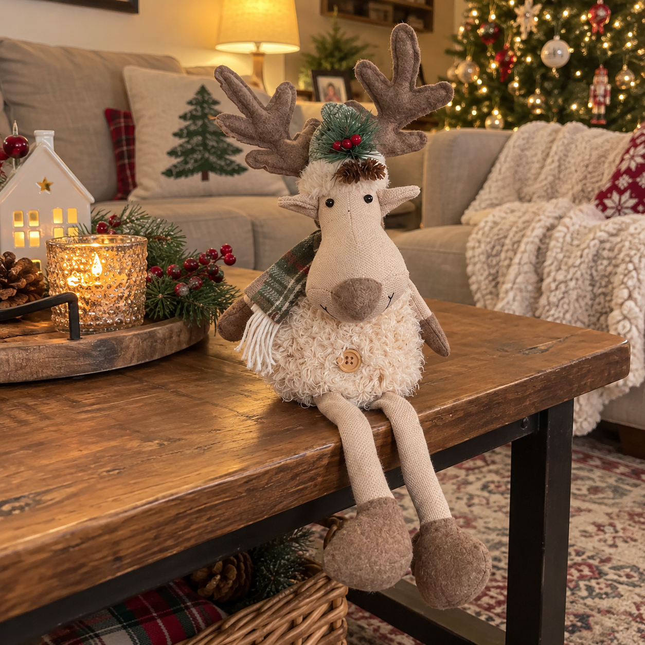 Cozy Christmas Reindeer Plush Decoration – Handmade Nordic Style Holiday Deer Figurine for Mantel, Tabletop, Shelf, and Home Decor