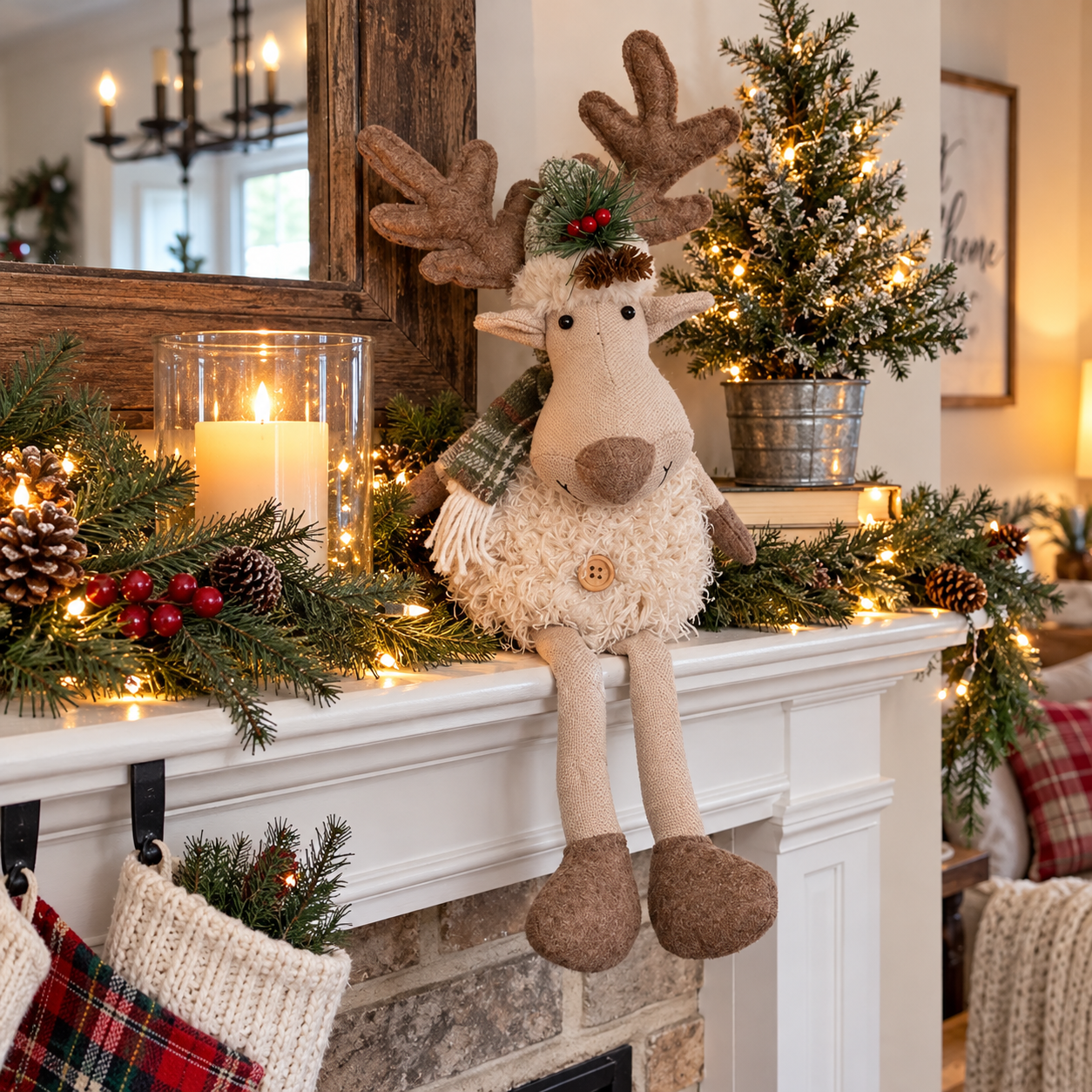 Cozy Christmas Reindeer Plush Decoration – Handmade Nordic Style Holiday Deer Figurine for Mantel, Tabletop, Shelf, and Home Decor