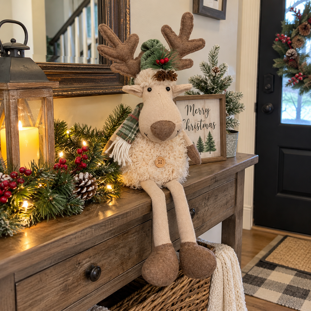 Cozy Christmas Reindeer Plush Decoration – Handmade Nordic Style Holiday Deer Figurine for Mantel, Tabletop, Shelf, and Home Decor