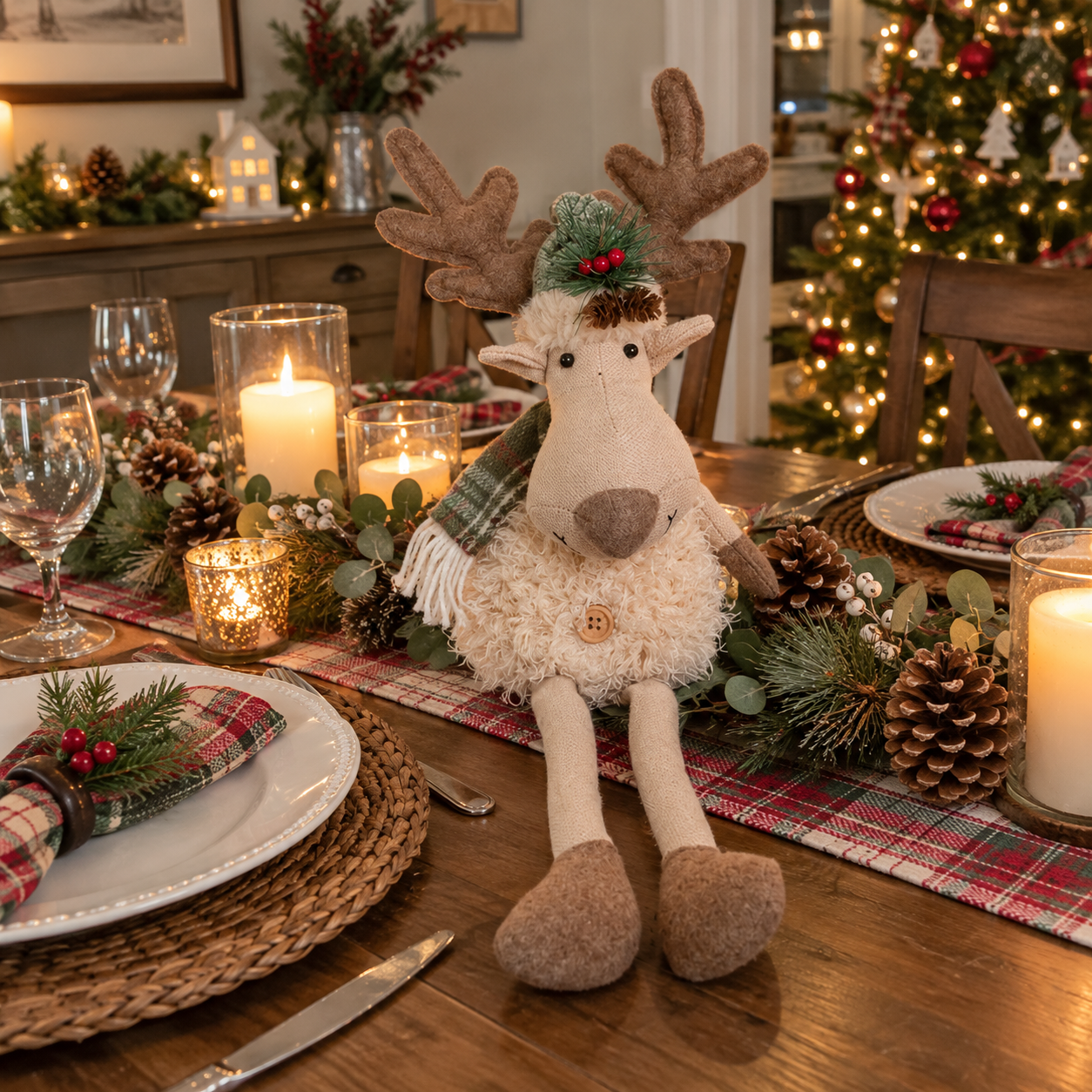 Cozy Christmas Reindeer Plush Decoration – Handmade Nordic Style Holiday Deer Figurine for Mantel, Tabletop, Shelf, and Home Decor