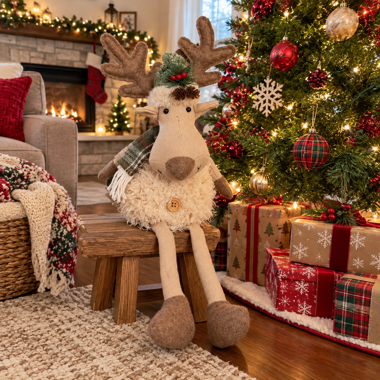 Cozy Christmas Reindeer Plush Decoration – Handmade Nordic Style Holiday Deer Figurine for Mantel, Tabletop, Shelf, and Home Decor