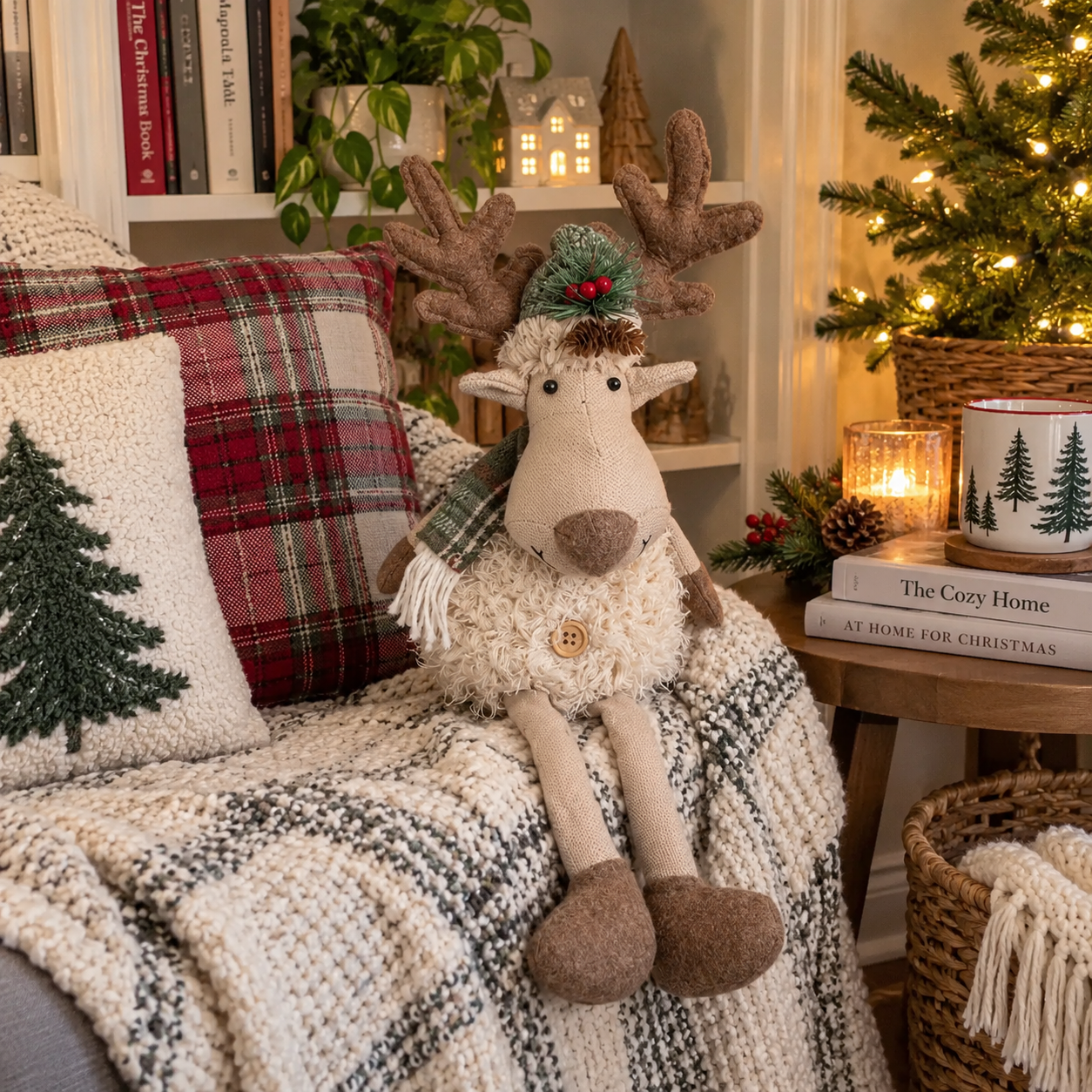 Cozy Christmas Reindeer Plush Decoration – Handmade Nordic Style Holiday Deer Figurine for Mantel, Tabletop, Shelf, and Home Decor