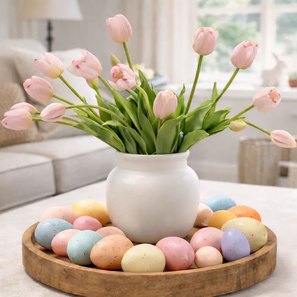 Easter Bunny Figurine Decoration with Tulip Flower Centerpiece – Spring Tabletop Decor for Easter Home, Farmhouse Kitchen, Dining Table, Shelf, and Seasonal Display